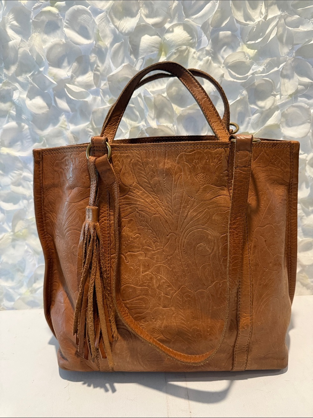 margot Brown Tooled Leather Tote with Tassel Accent